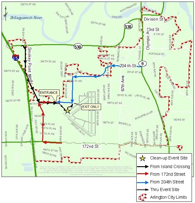 Map of Arlington with arrows to the clean-up event site at the airport